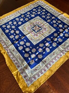 Silk Floral Paisley Square Scarf in Blue and Yellow Glenty